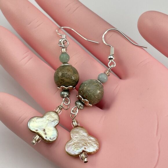 Earrings 925 Sterling Silver Plated Jasper Freshwater Clover Pearl Beaded Dangle - Picture 5 of 7